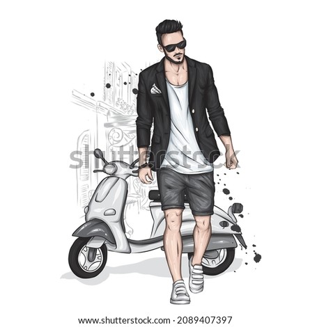 Handsome guy in stylish clothes and a vintage moped. Fashion and style, clothing and accessories. Vector illustration.	
