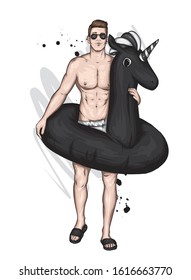 Handsome guy in swimming trunks with a swimming circle in the form of a unicorn. Sea, vacation, vacation. Vector illustration, sketch. Fashion & Style. Set.
