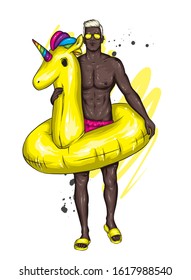Handsome guy in swimming trunks with a swimming circle in the form of a unicorn. Sea, vacation, vacation. Vector illustration, sketch. Fashion & Style. Set.

