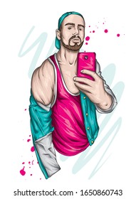 Handsome guy in a t-shirt, jacket and cap takes a selfie. A man and a smartphone. Vector illustration for a card or poster, print on clothes. Fashion and style, accessories.