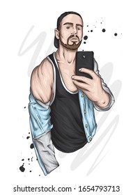 Un tipo guapo en un pantalones, chaqueta y gorra se toma un selfie. Un hombre y un smartphone. Ilustración vectorial de una tarjeta o afiche, impreso en ropa. Moda y estilo, accesorios.