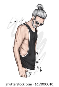 A handsome guy in a T-shirt. A sporty man in summer clothes. Vector illustration for a postcard or a poster.