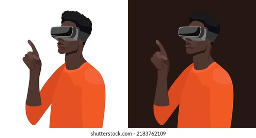 A handsome guy in virtual reality glasses, raised his hand and points with his finger. VR technologies, augmented reality, metaverse. Vector flat illustration, two background options.