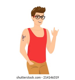 Handsome guy wearing beige fashion jeans and red t-shirt, close-up vector illustration.