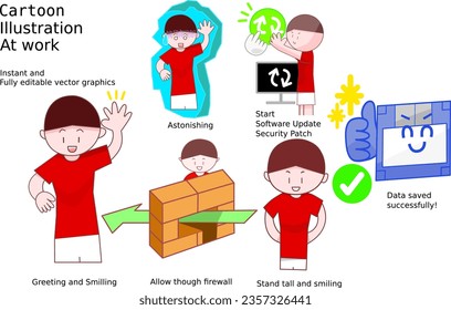 Handsome guy at work in various actions. Cartoon illustration at work and play.
Pre-made vectors graphics, grouped. Separate color graphics and outline.