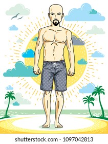 Handsome hairless young man with beard and mustaches standing on tropical beach in bright shorts. Vector athletic male illustration. Summer vacation lifestyle theme cartoon.