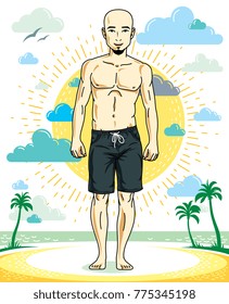 Handsome hairless young man with beard standing on tropical beach in bright shorts. Vector athletic male illustration. Summer vacation lifestyle theme cartoon.