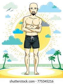 Handsome hairless young man with beard and mustaches standing on tropical beach in bright shorts. Vector athletic male illustration. Summer vacation lifestyle theme cartoon.
