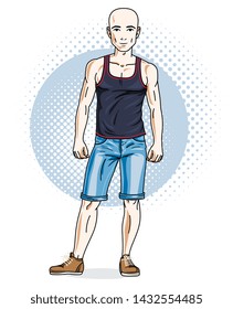 Handsome hairless young man poses on modern background. Vector illustration of male. Lifestyle theme clipart.
