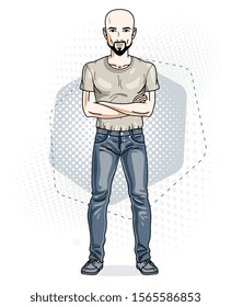 Handsome hairless young man poses on modern background. Vector illustration of male with beard and mustaches. Lifestyle theme clipart.