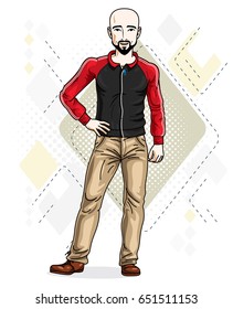 Handsome hairless young man poses on modern background. Vector illustration of male with beard and mustaches. Lifestyle theme clipart.