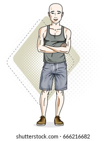 Handsome hairless young man poses on modern background. Vector illustration of male. Lifestyle theme clipart.