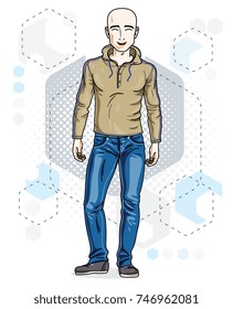 Handsome hairless young man standing. Vector illustration of man wearing stylish casual clothes.  