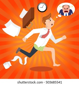 Handsome half-dressed businessman late to work. Manager is late, hurry, running to office, angry boss. The businessman going to work. Vector illustration