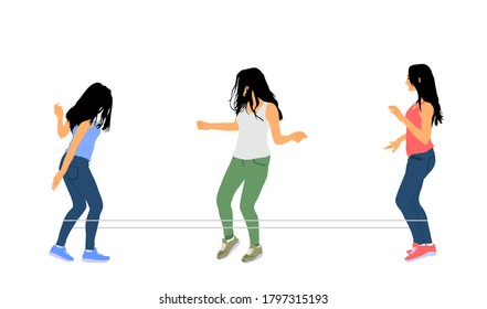 Handsome happy girls playing rubber band jumping game vector illustration isolated on white background. Woman recreation and exercise with elastic rope. Outdoor summer friends activity.