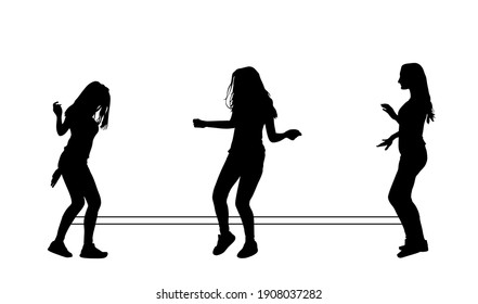 Handsome happy girls playing rubber band jumping game vector silhouette illustration isolated on white background. Teen woman recreation and exercise with elastic rope. Outdoor summer friends activity