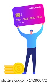 Handsome happy man with credit card. Online goods, products, support, service, content via smartphone. Vector style flat cartoon illustration