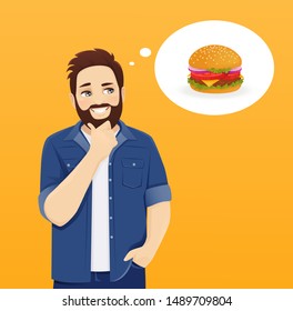 Handsome happy smiling man in casual clothes thinking about yummy burger vector illustration