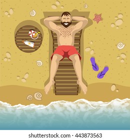 Handsome and happy sunbathing  man on the sunbed on the rest. Summer vacation concept. Summer Resort. Cool modern vector flat illustration. Summer time. Sun sea and sand . Sandy beach with shells .