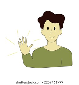 Handsome happy young man is smiling, waving hand cheerfully saying hi, hello nice to meet you, welcoming people with informal greeting gesture