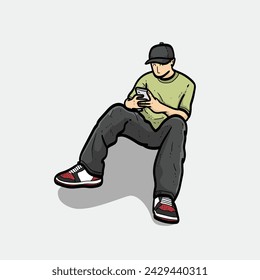Handsome Hipster boy or man or guy laying on the ground with cool pose and shoes on grey Background vector modern illustration