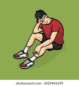 Handsome Hipster boy or man or guy t-shirt short pants laying shoes on the ground with peace pose on green Background vector modern illustration