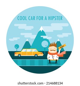 Handsome hipster guy in stylish clothes standing near his cool car. Cute cartoon character. Vector illustration