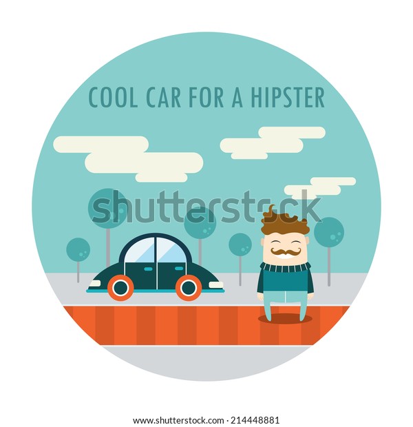Handsome hipster\
guy in stylish clothes standing near his cool car. Cute cartoon\
character. Vector\
illustration
