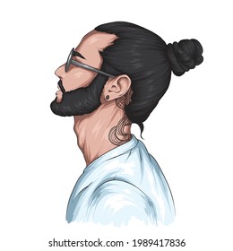 Handsome hipster guy with stylish hairstyle. Vector illustration. Fashion and style, clothing and accessories.