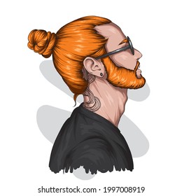 Handsome hipster guy with stylish hairstyle. Vector illustration. Fashion and style, clothing and accessories.