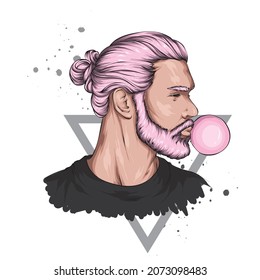 Handsome hipster guy with stylish hairstyle. Vector illustration. Fashion and style, clothing and accessories.