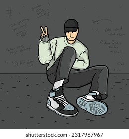 Handsome Hipster man or boy or guy sitting with peace hand sign isolated on grey background vector modern illustrations