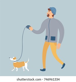 Handsome hipster man in winter clothes walking with his dog. Vector illustration is suitable for decorating cards, invitations and also for your web site or blog