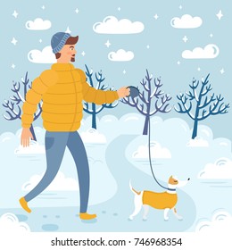 Handsome hipster man in winter clothes walking with his dog on a snow-covered winter park. Vector illustration is suitable for decorating cards, invitations and also for your web site 