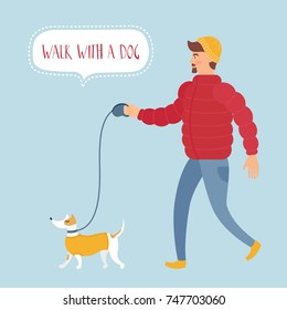 Handsome hipster man in winter clothes walking with his dog. Vector illustration is suitable for decorating cards, invitations and also for your web site or blog