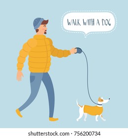 Handsome hipster man in winter clothes walking with his dog. Vector illustration is suitable for decorating cards, invitations and also for your web site or blog