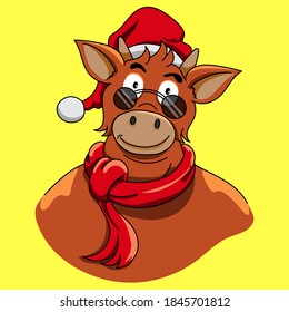 The handsome hipster red cow wearing a Christmas costume and sunglasses, isolated on yellow background.