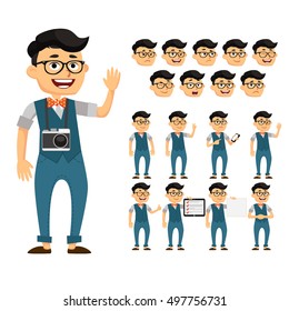 Handsome Hipster Smiling Boy in Glasses in Different Poses