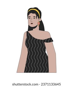 Handsome hispanic lady in 70s inspired clothes 2D linear cartoon character. Stylish latina woman posing isolated line vector person white background. Relaxed standing color flat spot illustration