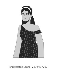 Handsome hispanic lady in 70s inspired clothes black and white 2D line cartoon character. Stylish latina woman posing isolated vector outline person. Relaxed monochromatic flat spot illustration