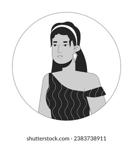 Handsome hispanic lady in 70s inspired clothes black and white 2D vector avatar illustration. Stylish latina woman posing outline cartoon character face isolated. Relaxed flat user profile image