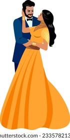 Handsome Indian bride and groom dancing first dance at their wedding Bride in golden color sari groom in classic navy blue suit Happy newlyweds smiling Vector