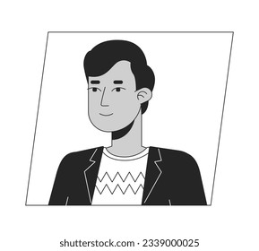 Handsome indian brunette man black white cartoon avatar icon. Editable 2D character user portrait, linear flat illustration. Vector face profile. Outline person head and shoulders