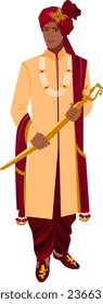 Handsome Indian groom in a fashionable wedding suit in a red turban holds a sword and stands tall Vector