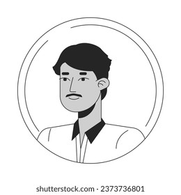 Un hombre indio guapo con un ícono de avatar de dibujos animados en blanco negro con bigote de bigote. Collar de camisetas. Retrato de usuario de caracteres 2D editable, ilustración plana lineal. Perfil de la cara del vector. Esbozar cabeza y hombros de persona