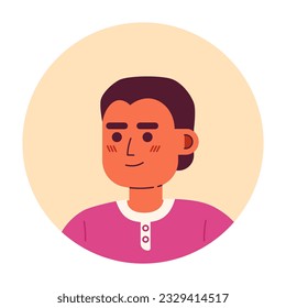 Hermoso hombre indio semi-plano de la cabeza del personaje vectorial. Icono de avatar de caricatura editable. Corto de pelo. Enfrentar la emoción. Ilustración de puntos coloridos para diseño gráfico web, animación