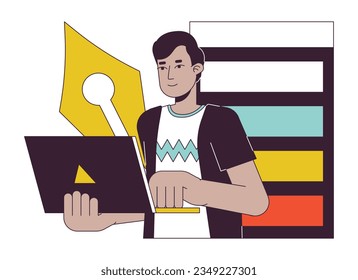 Handsome indian man typing on laptop flat line concept vector spot illustration. User interface designer 2D cartoon outline character on white for web UI design. Editable isolated color hero image