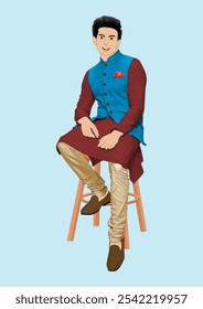 Handsome IPakistani boy posing on high stool wearing Shalwar Kameez 
