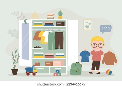 Handsome kid boy select various clothes in storage. Wardrobe, organizing space for clothing. Fashion caucasian child. Shelves with apparel and outfit, accessories and boots. flat vector illustration