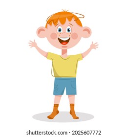 Handsome Little Boy In Half Growth. Smiling Child. Redhead Boy With Freckles. Vector Illustration.